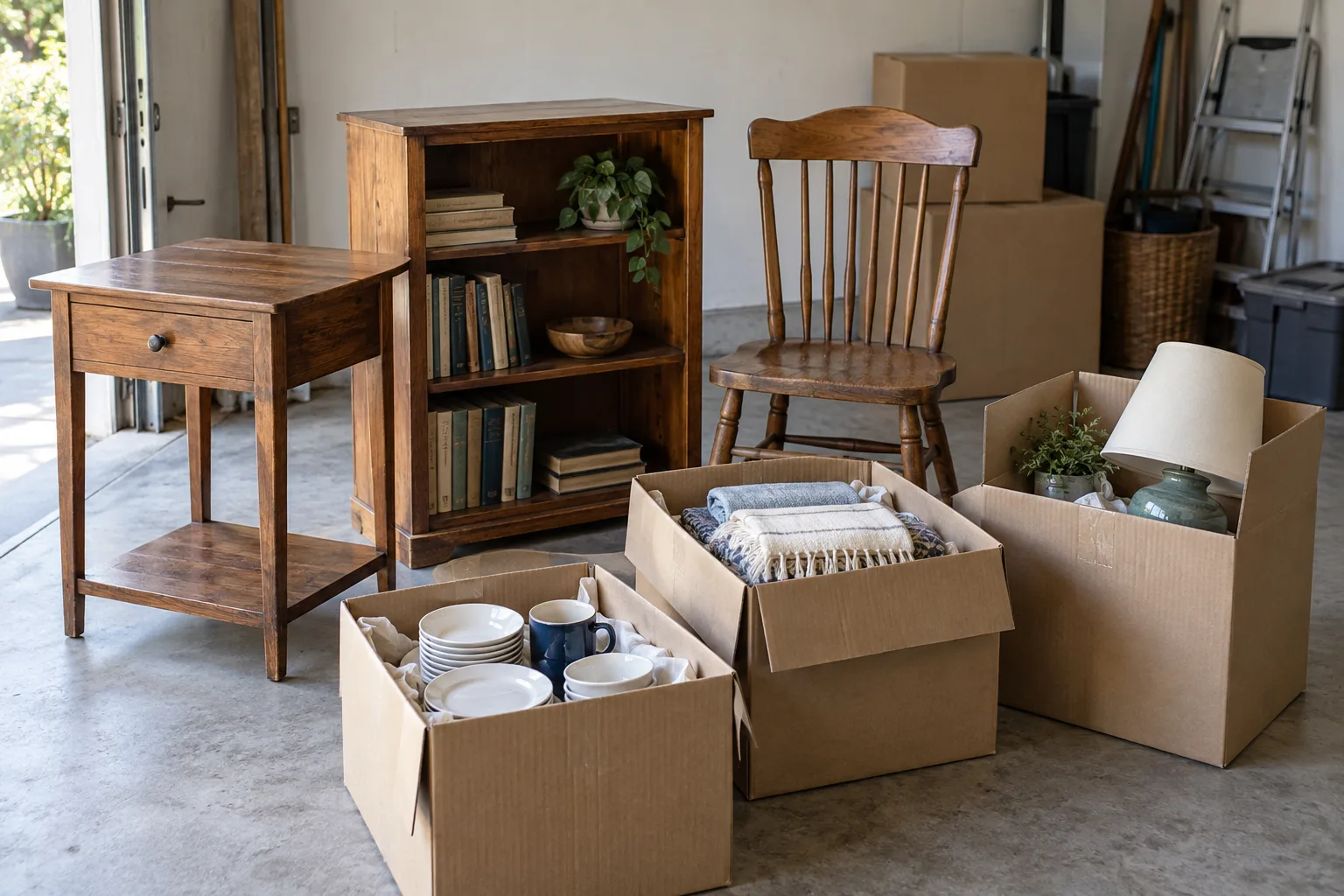 Illustrative usable wood furniture and boxed housewares arranged in a neutral garage