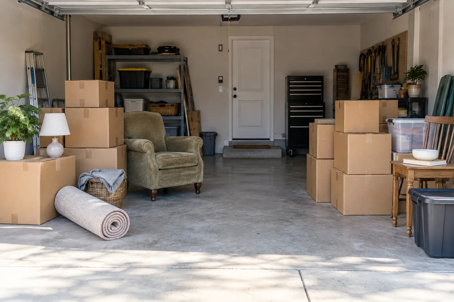 Illustrative organized garage with plain boxes, an old chair, and a clear walking path